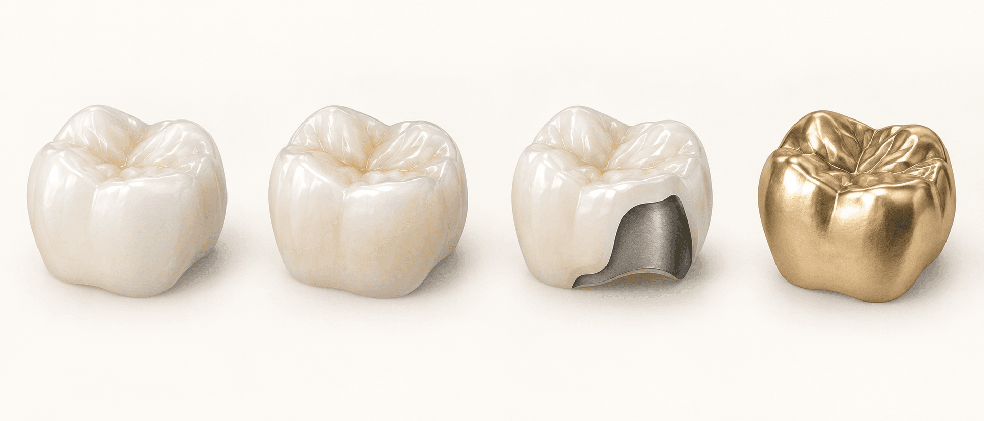 Four illustrative crown models: zirconia, lithium disilicate, porcelain over metal, and metal alloy.