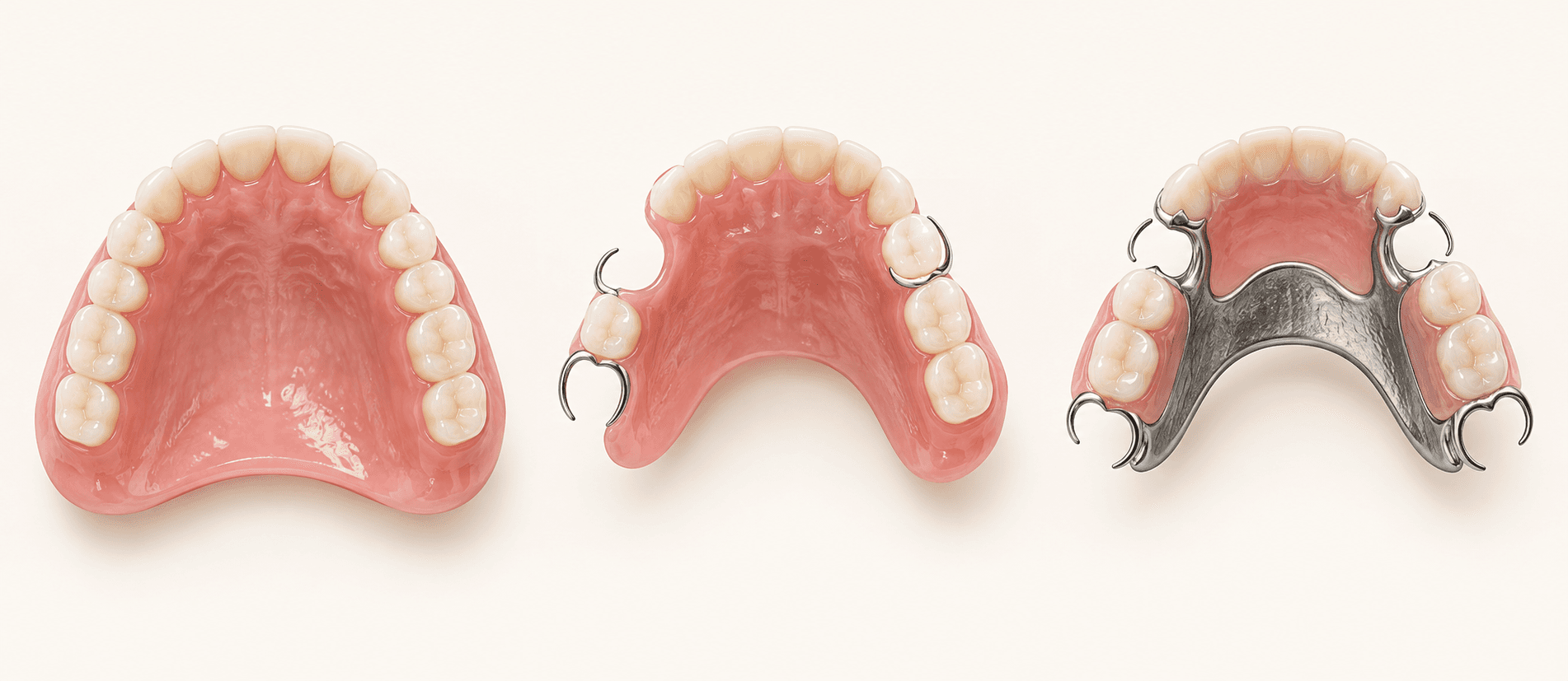 Three illustrative upper dentures: full acrylic, acrylic partial, and metal-framework partial.