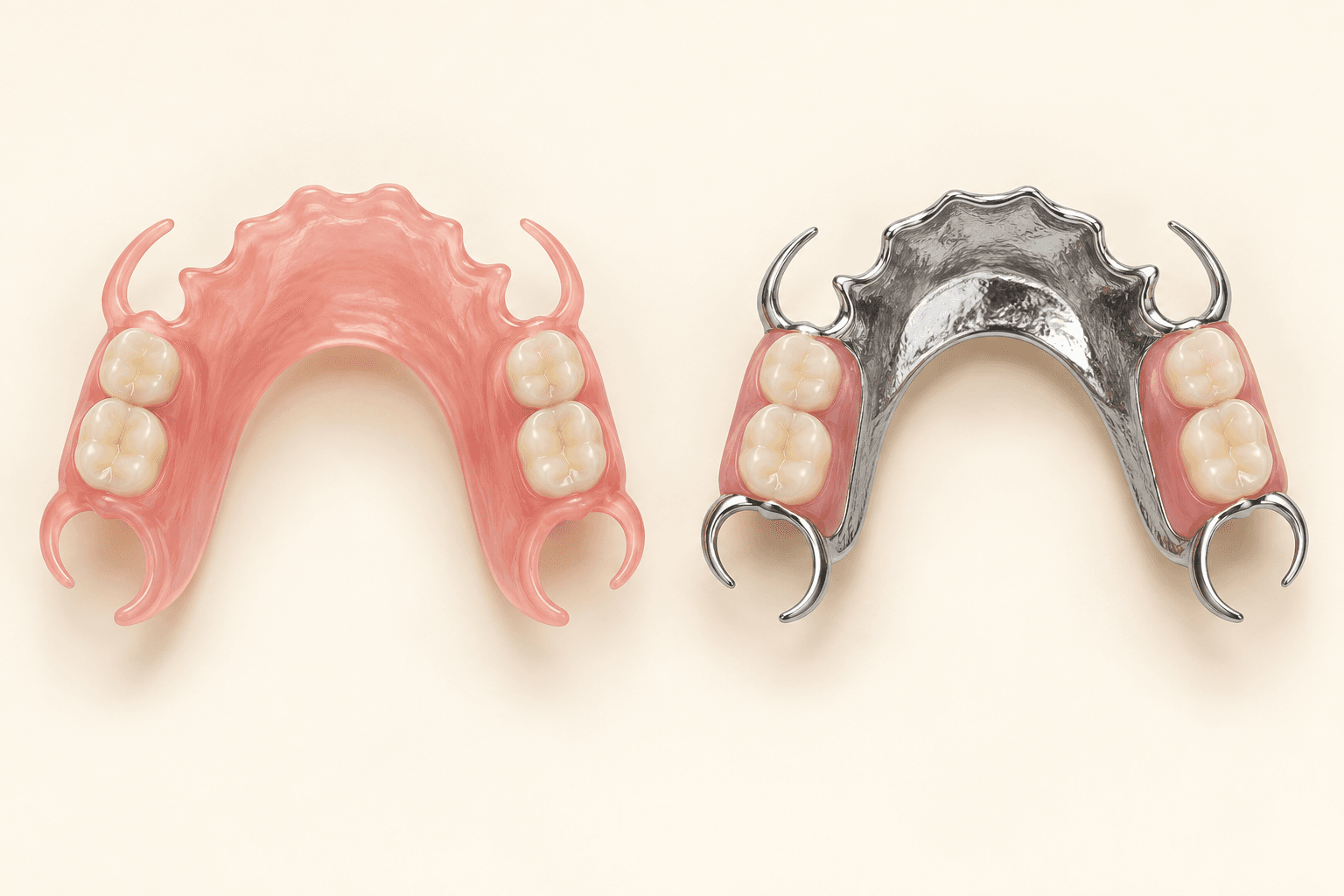 Two schematic partial dentures: pink flexible plastic on the left and a metal framework with pink sections on the right.