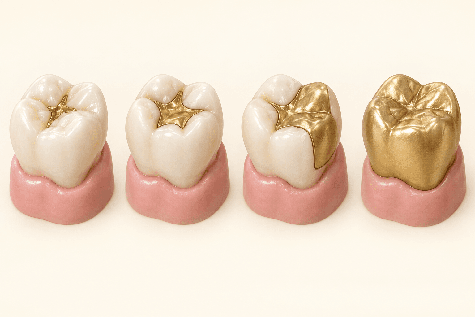 Four schematic molar models showing a direct filling, inlay, onlay and full crown from left to right.