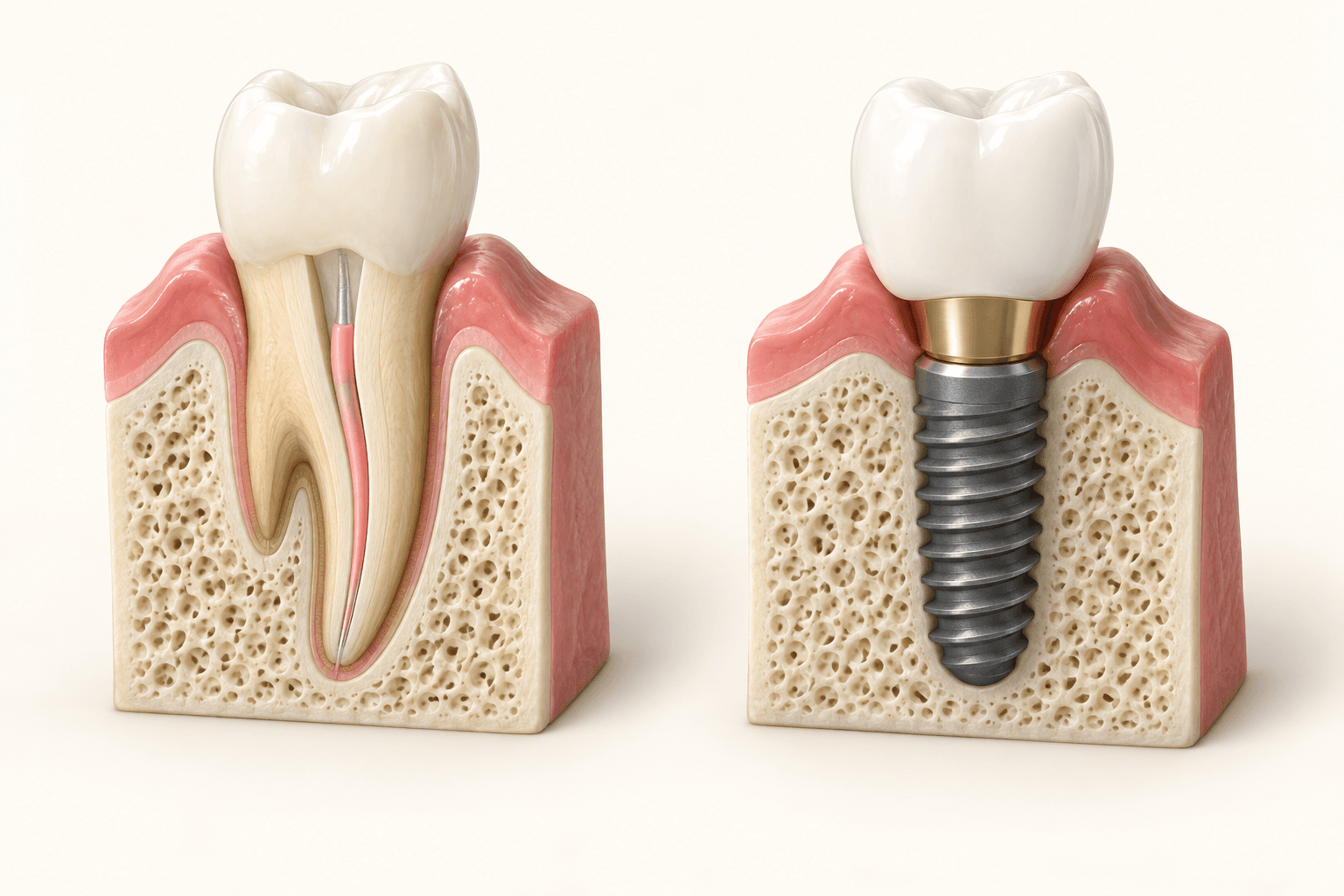 Separate cutaway teaching models of a restored natural tooth with a filled root canal and an implant-supported crown.