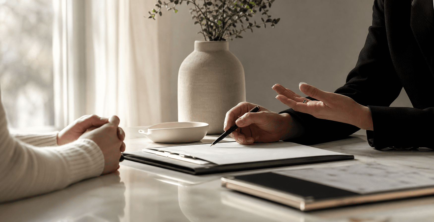 Parent and grandparent reviewing paperwork together at a kitchen table
