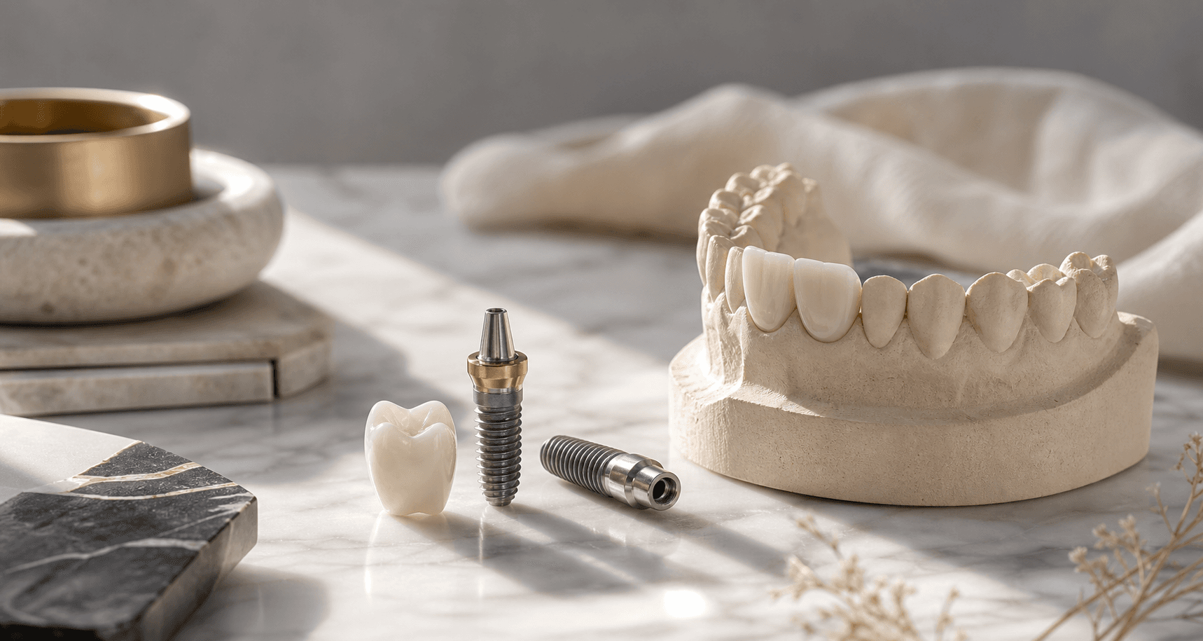 Model of a dental implant post and crown used to explain treatment planning
