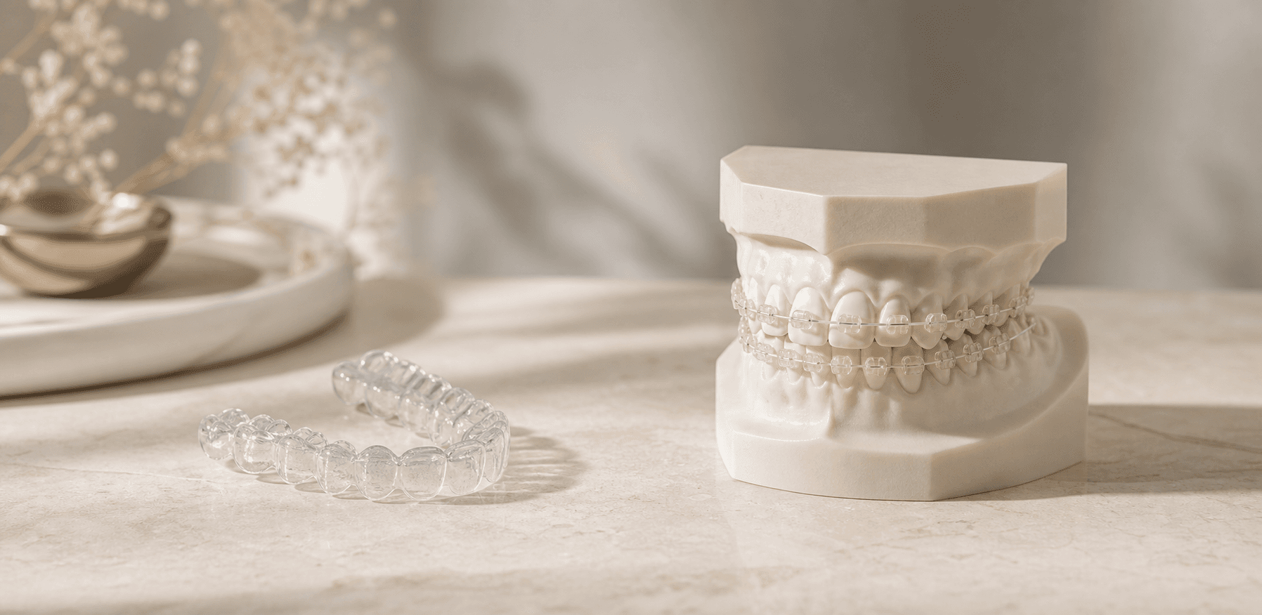 Clear aligner tray held up beside a set of traditional metal braces
