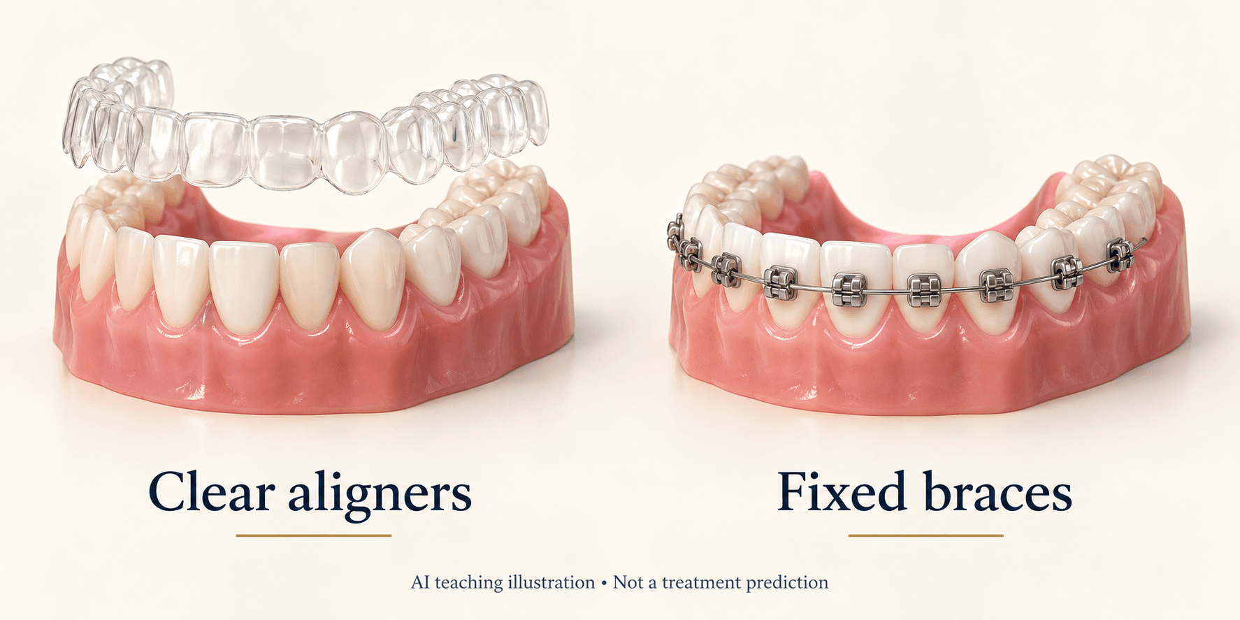 Teaching models showing a removable clear aligner beside fixed metal braces.