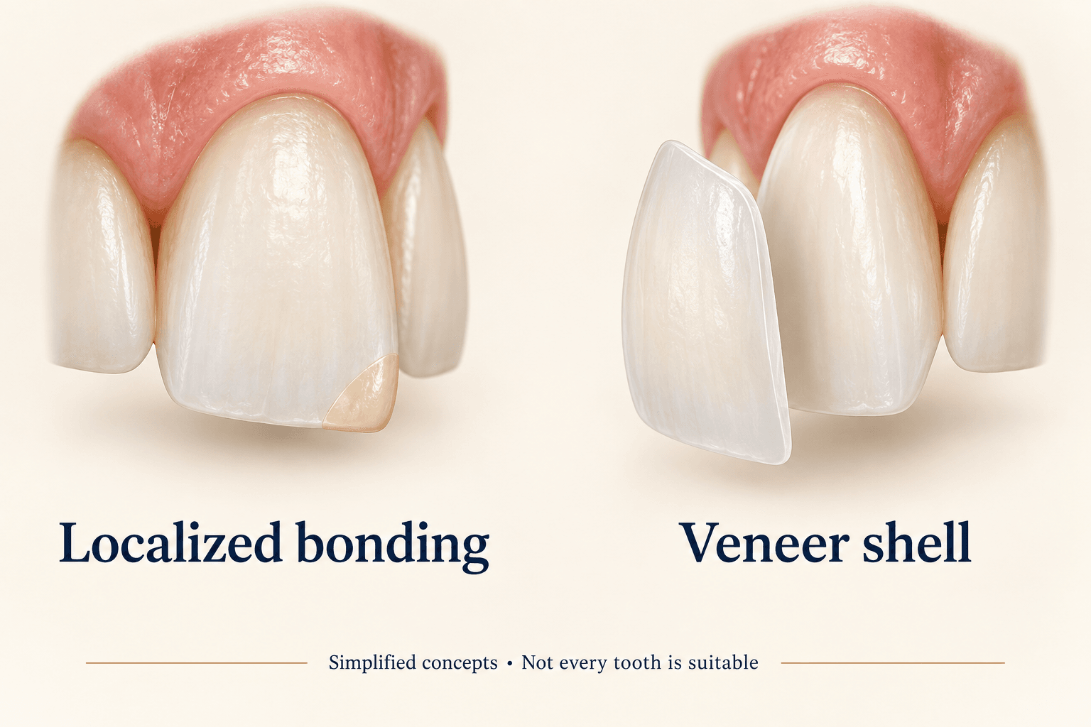 A localized composite restoration compared with a thin veneer covering a front tooth surface.