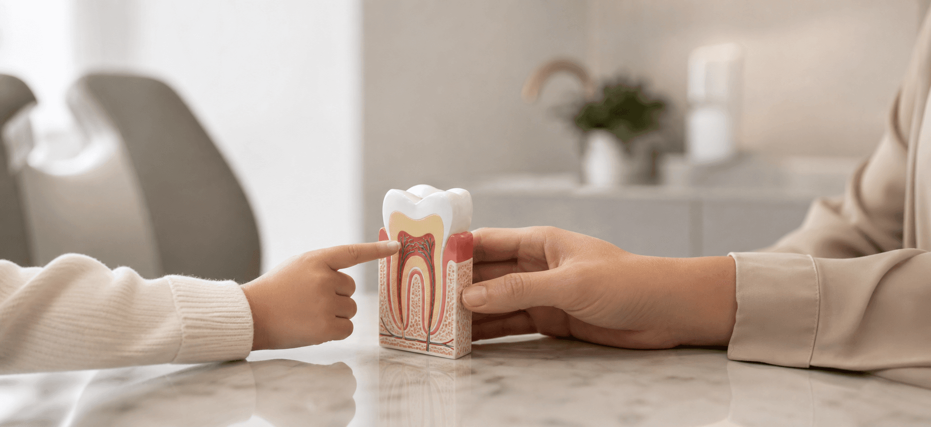Child smiling comfortably at a dental visit to illustrate children's dentistry