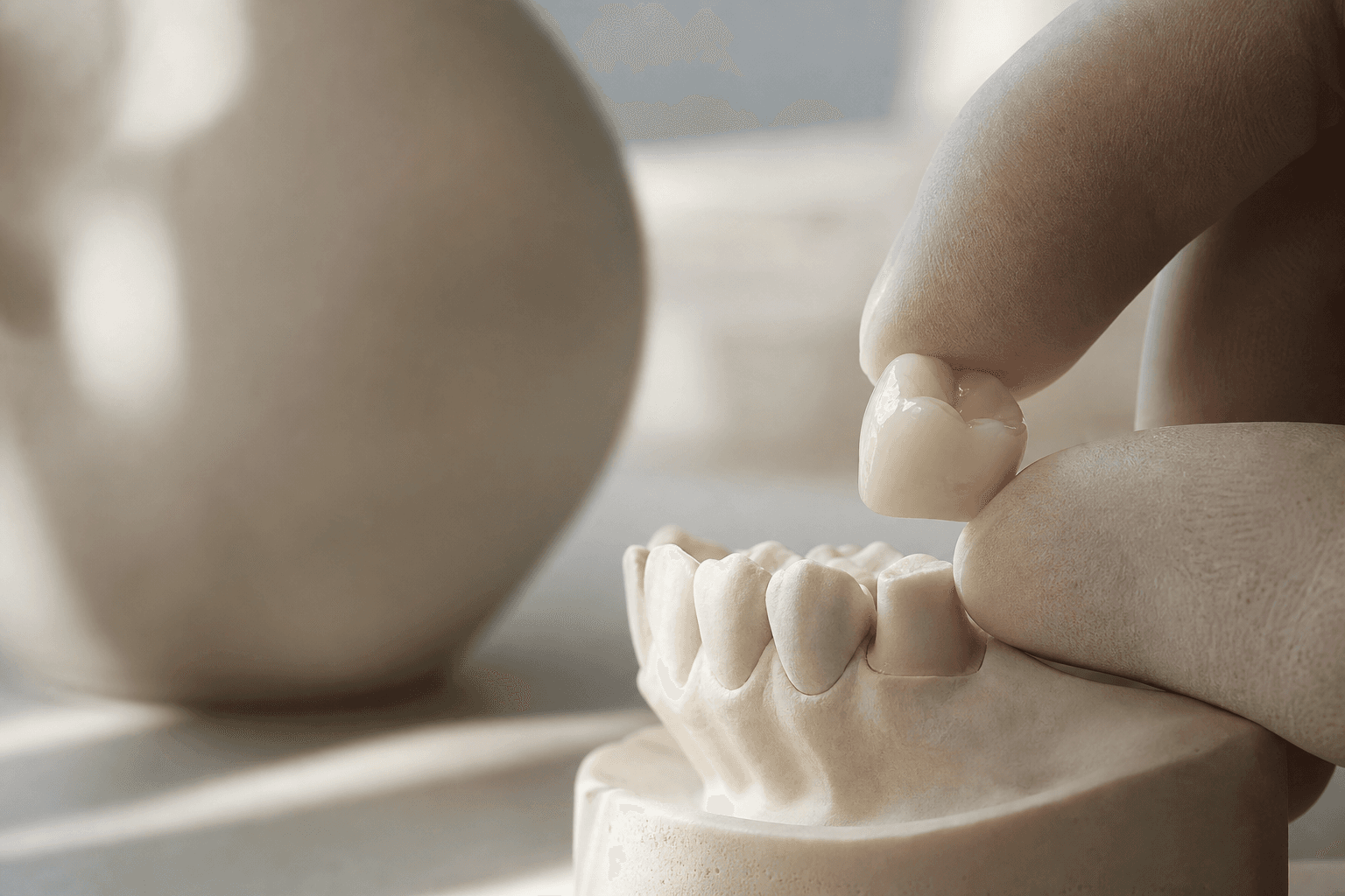 Dental crown shown next to a tooth model to illustrate how a cap restores a tooth