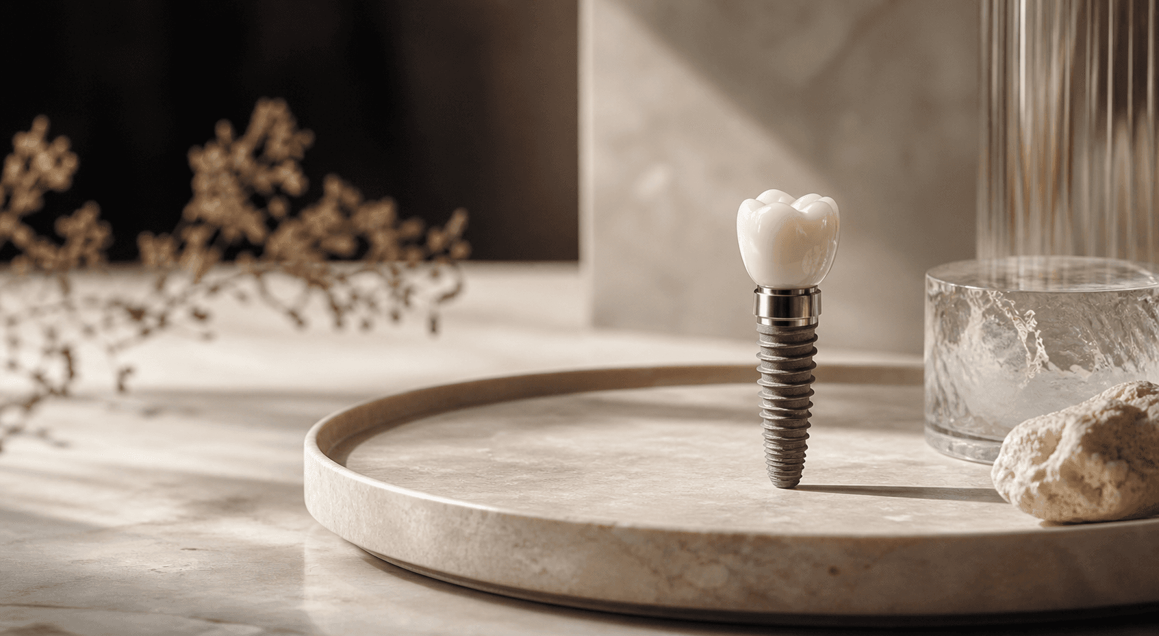 Model of a dental implant post supporting a crown used to explain treatment to patients