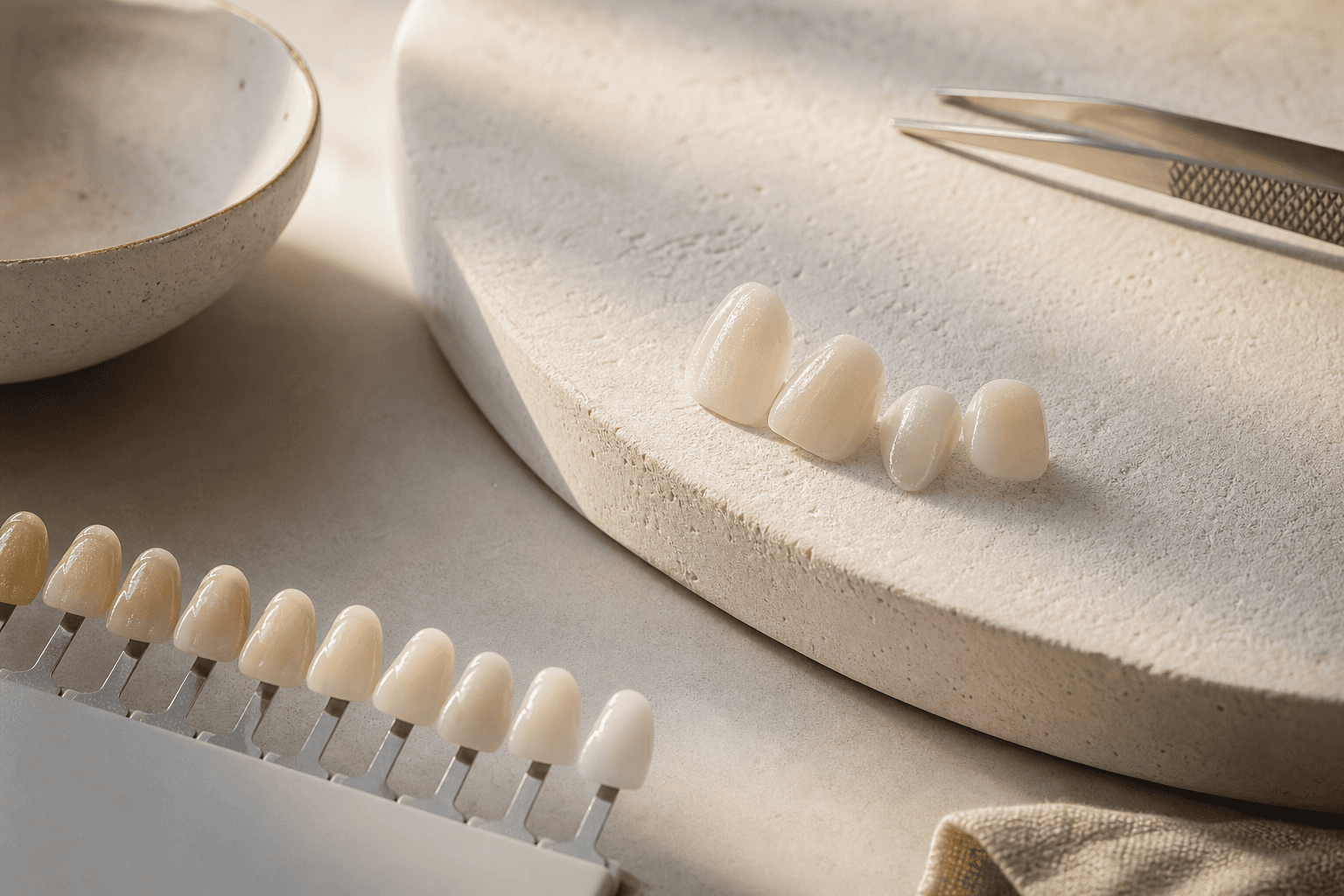Set of thin porcelain veneers shown to illustrate a cosmetic smile treatment