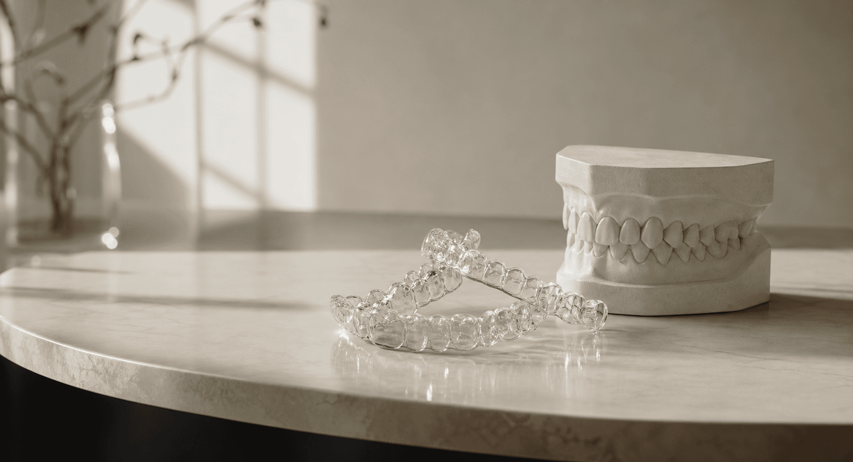 Clear Invisalign aligner tray held up to show its nearly invisible design
