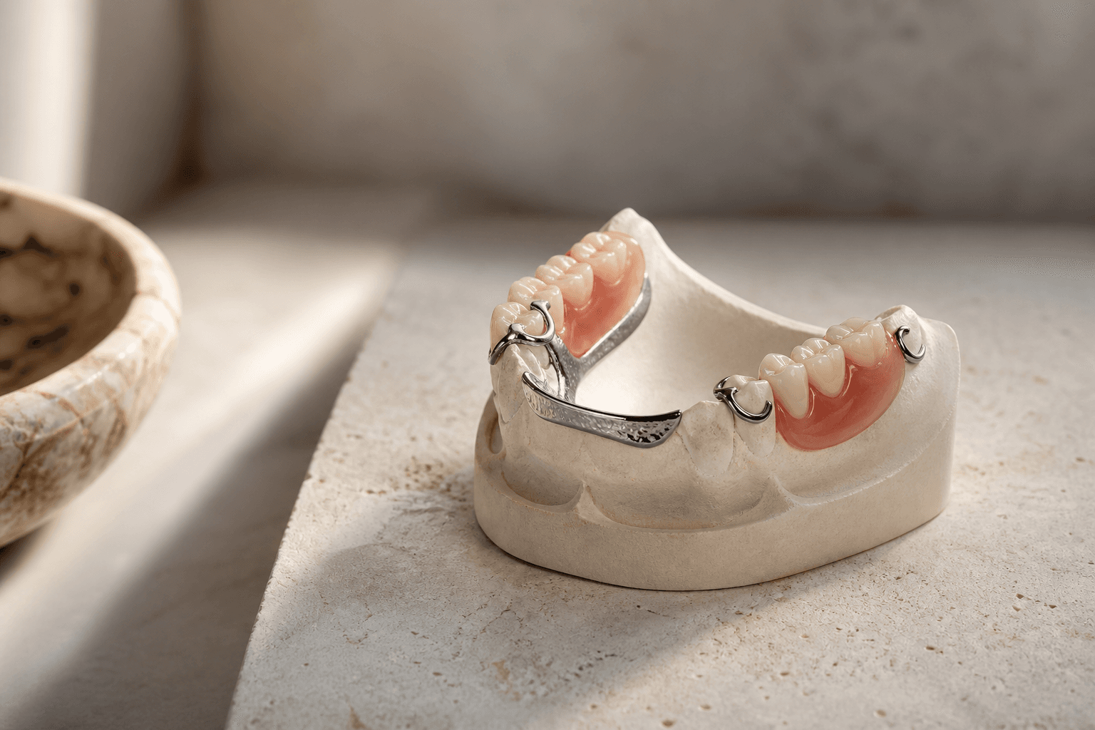 Dentist checking the fit of a partial denture around a patient's remaining natural teeth